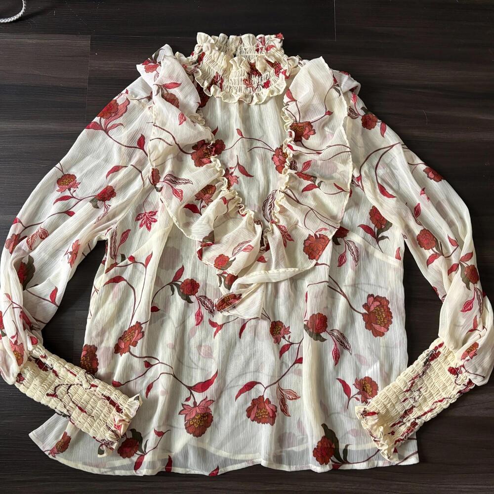 Eloquii Elements Blouse Womens 16 Brown Floral Ruffle Sheer Long Sleeve Boho Top